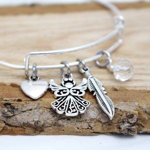 Heart, Angel & Feather Adjustable Charm Bangle - Handcrafted Hypoallerge…